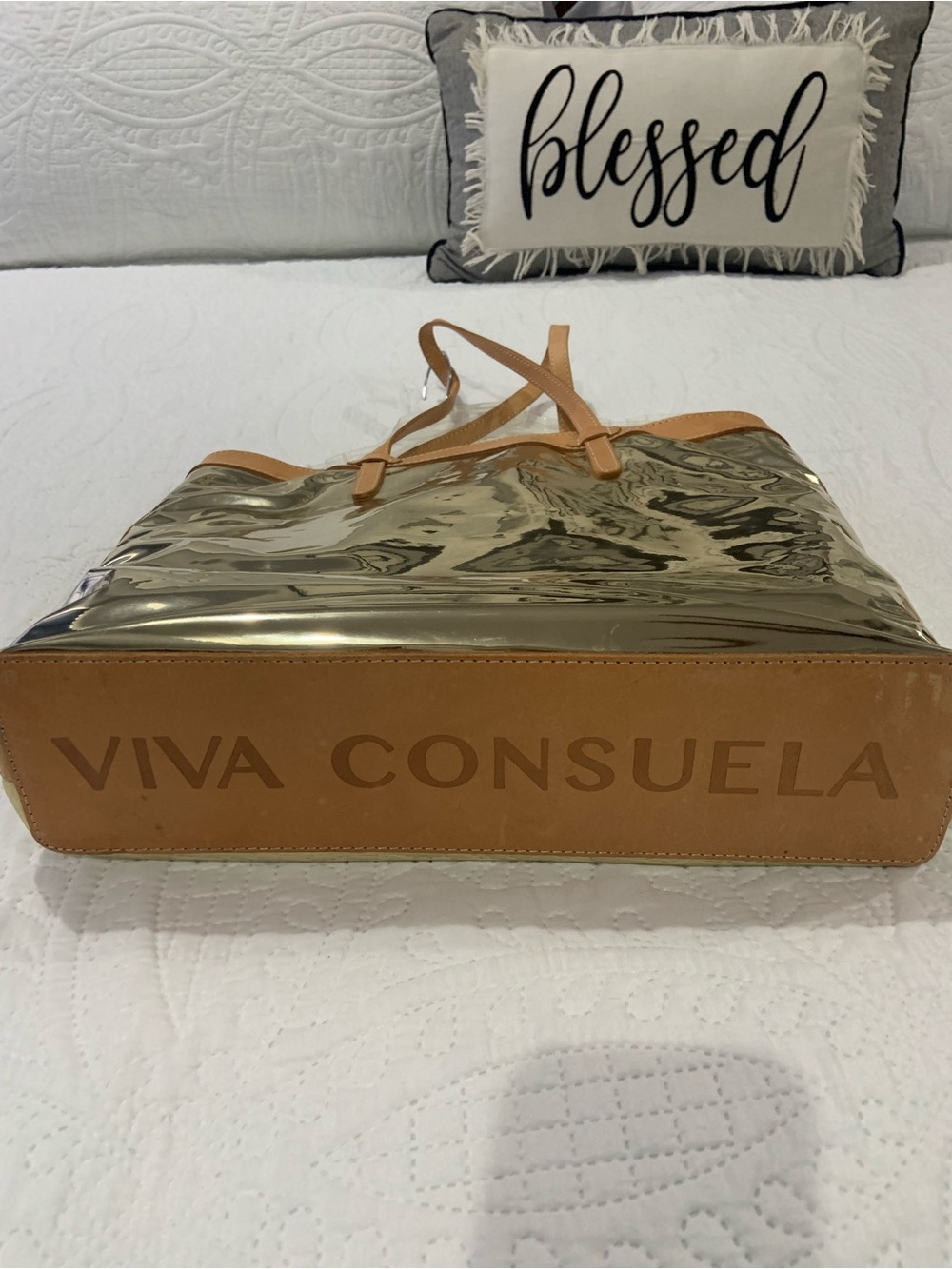Consuela Shiny Gold Tote with Tan Trim - Picture 14 of 14